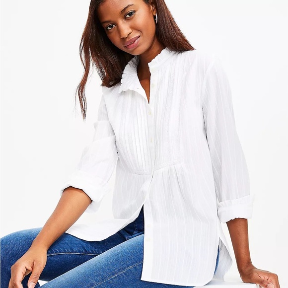 LOFT Tops - 🆕 LOFT Striped Lace Trim Tunic Shirt in White. Size XL. New!